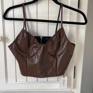 Cider Brown Faux Leather Corset Style Cropped Womens Tank